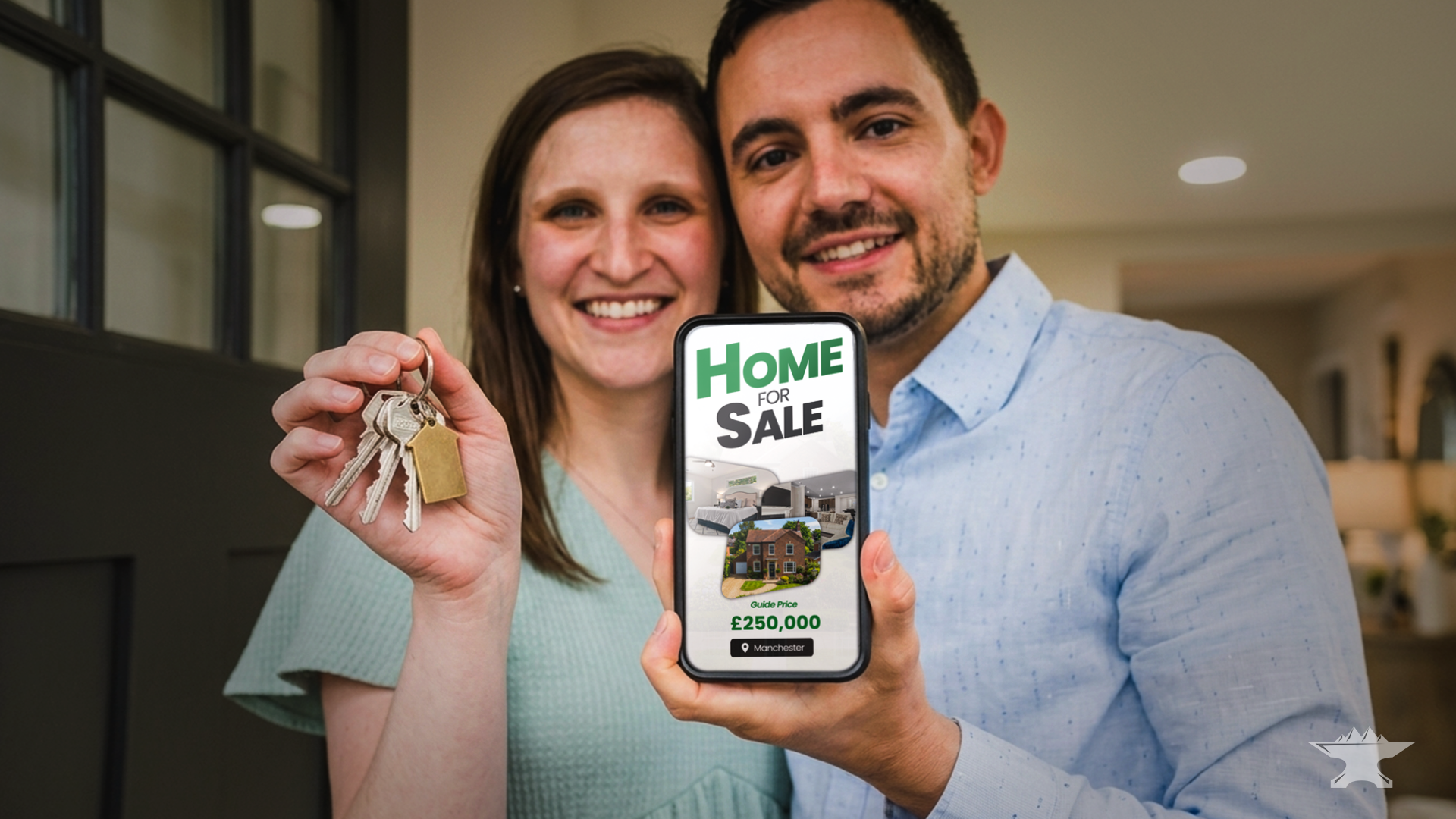 A first-time buyer couple celebrates with house keys while viewing a property listing on a smartphone, highlighting how real estate agents in 2026 use automation and video marketing to scale property listings and engage modern buyers.