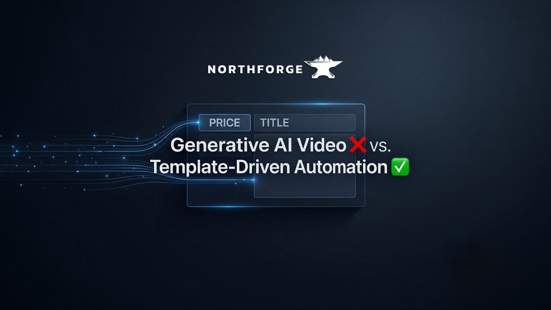 Diagram comparing generative AI video output with template-driven video automation, showing structured data fields filling a branded video frame automatically